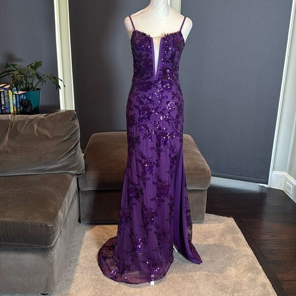 Women’s Purple Mermaid Fit Prom Party Dress Sparkly Sequins Lace Up Back Size 4 - Picture 1 of 13